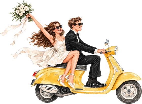 McKenna and Chandler riding a yellow Vespa, flowers in the air